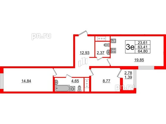 Квартира в ЖК GloraX Заневский, 2 комнатная, 64.8 м², 5 этаж