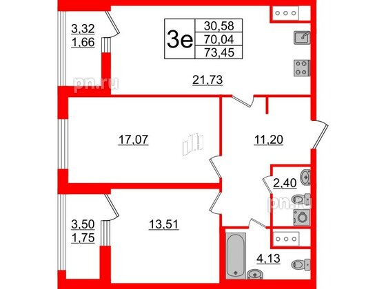 Квартира в ЖК GloraX Заневский, 2 комнатная, 73.45 м², 3 этаж