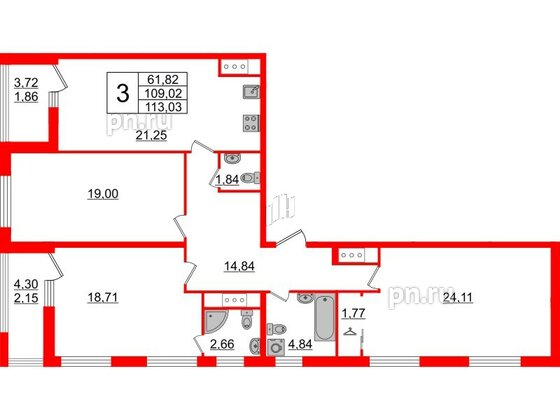 Квартира в ЖК GloraX Заневский, 3 комнатная, 113.03 м², 8 этаж