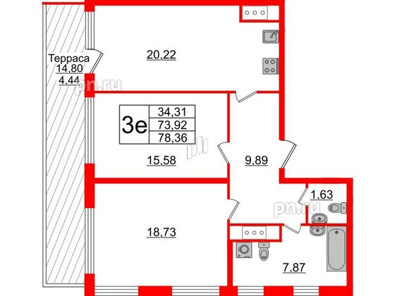 Квартира в ЖК GloraX Заневский, 2 комнатная, 78.36 м², 14 этаж