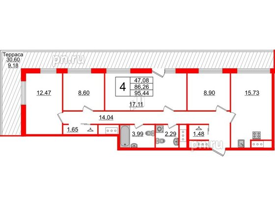 Квартира в ЖК GloraX Заневский, 4 комнатная, 95.44 м², 14 этаж