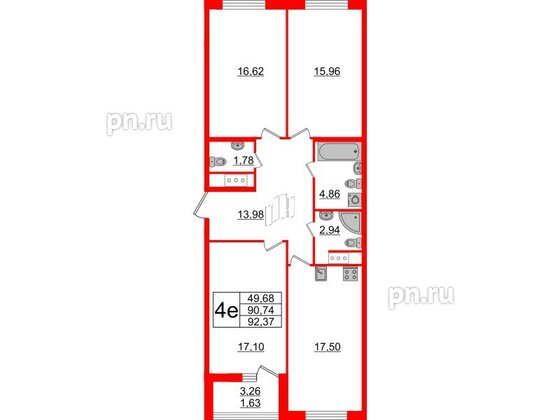 Квартира в ЖК GloraX Заневский, 3 комнатная, 92.37 м², 3 этаж