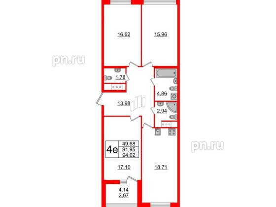 Квартира в ЖК GloraX Заневский, 3 комнатная, 94.02 м², 13 этаж