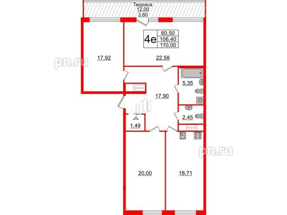 Квартира в ЖК GloraX Заневский, 3 комнатная, 110 м², 14 этаж