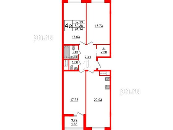 Квартира в ЖК GloraX Заневский, 3 комнатная, 91.14 м², 12 этаж