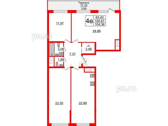 Квартира в ЖК GloraX Заневский, 3 комнатная, 104.36 м², 14 этаж