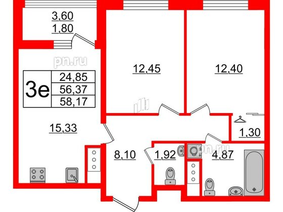 Квартира в ЖК GloraX Заневский, 2 комнатная, 58.17 м², 10 этаж