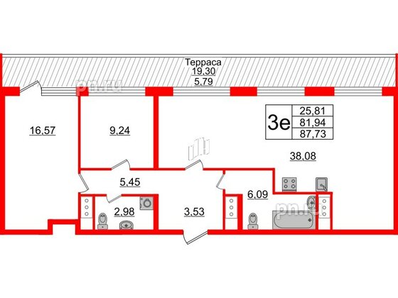 Квартира в ЖК GloraX Заневский, 2 комнатная, 87.73 м², 14 этаж