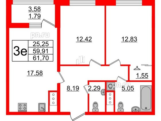 Квартира в ЖК GloraX Заневский, 2 комнатная, 61.7 м², 9 этаж