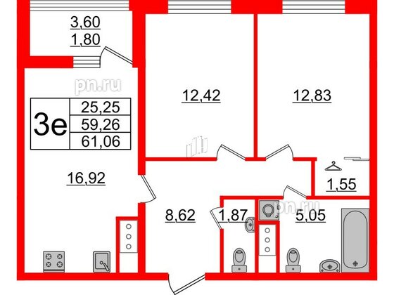 Квартира в ЖК GloraX Заневский, 2 комнатная, 61.06 м², 10 этаж