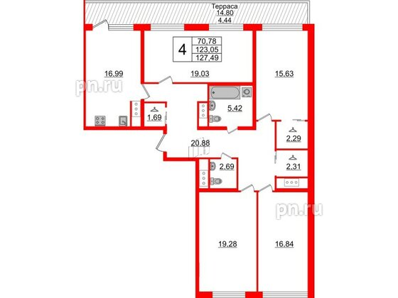 Квартира в ЖК GloraX Заневский, 4 комнатная, 127.49 м², 14 этаж