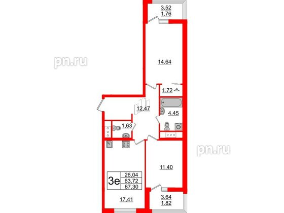 Квартира в ЖК GloraX Заневский, 2 комнатная, 67.3 м², 6 этаж