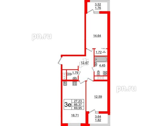 Квартира в ЖК GloraX Заневский, 2 комнатная, 69.95 м², 9 этаж