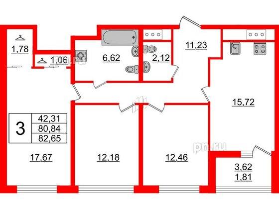 Квартира в ЖК GloraX Заневский, 3 комнатная, 82.65 м², 14 этаж