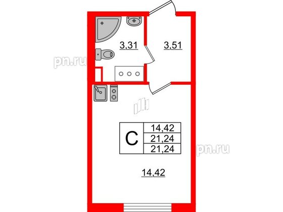 Квартира в ЖК «Ручьи–2», студия, 21.24 м², 15 этаж