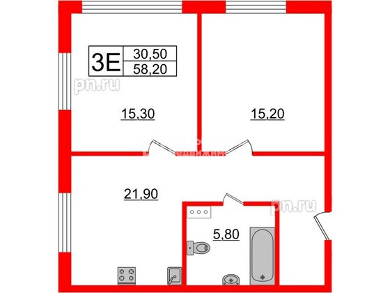 Апартаменты в ЖК Инвест-отель «IN2IT», 2 комнатные, 58.31 м², 5 этаж