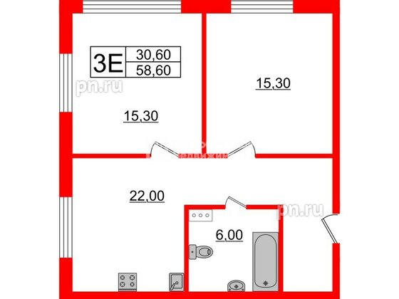 Апартаменты в ЖК Инвест-отель «IN2IT», 2 комнатные, 58.31 м², 13 этаж