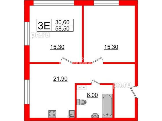 Апартаменты в ЖК Инвест-отель «IN2IT», 2 комнатные, 58.31 м², 19 этаж