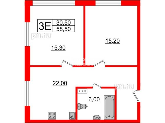 Апартаменты в ЖК Инвест-отель «IN2IT», 2 комнатные, 58.31 м², 22 этаж