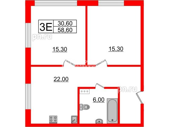 Апартаменты в ЖК Инвест-отель «IN2IT», 2 комнатные, 58.31 м², 24 этаж