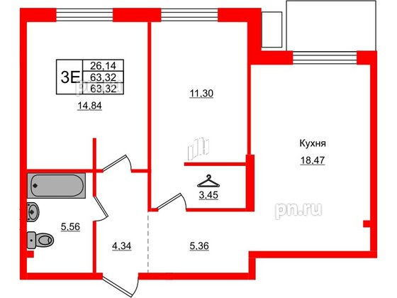 Квартира в ЖК AMO, 2 комнатная, 63.32 м², 2 этаж