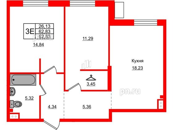 Квартира в ЖК AMO, 2 комнатная, 62.83 м², 3 этаж