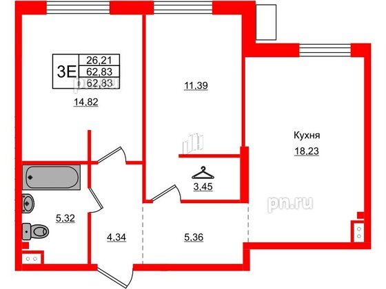 Квартира в ЖК AMO, 2 комнатная, 62.83 м², 5 этаж