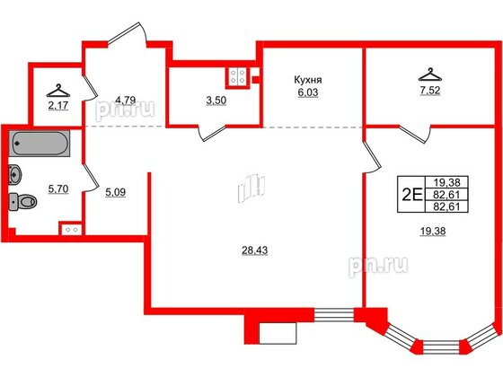 Квартира в ЖК АМО, 1 комнатная, 82.61 м², 3 этаж