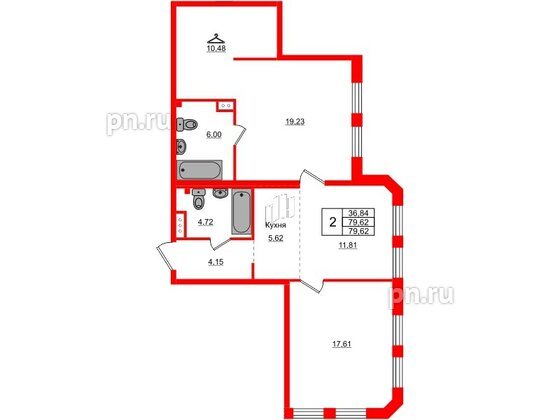 Квартира в ЖК АМО, 2 комнатная, 79.62 м², 3 этаж