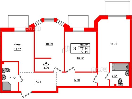 Квартира в ЖК AMO, 3 комнатная, 77.14 м², 2 этаж