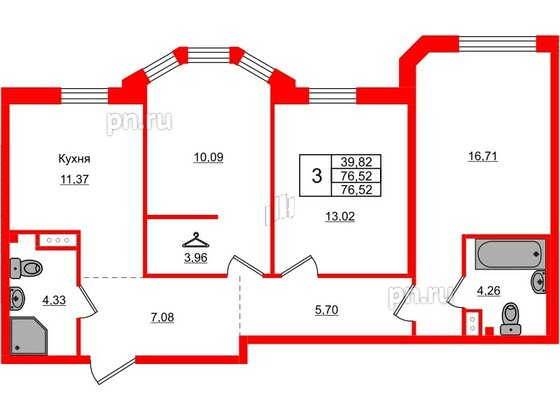 Квартира в ЖК АМО, 3 комнатная, 76.52 м², 3 этаж