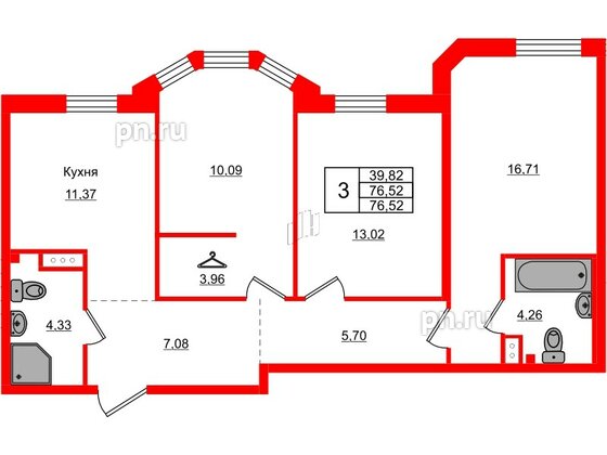 Квартира в ЖК AMO, 3 комнатная, 76.52 м², 4 этаж