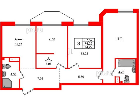 Квартира в ЖК AMO, 3 комнатная, 74.22 м², 5 этаж