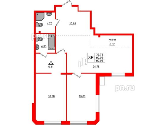 Квартира в ЖК АМО, 2 комнатная, 90.05 м², 2 этаж