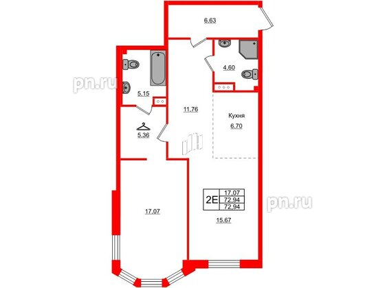 Квартира в ЖК AMO, 1 комнатная, 72.94 м², 4 этаж