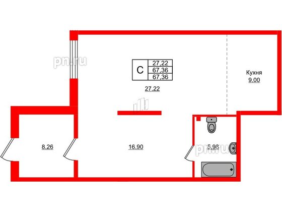 Квартира в ЖК АМО, студия, 67.36 м², 1 этаж