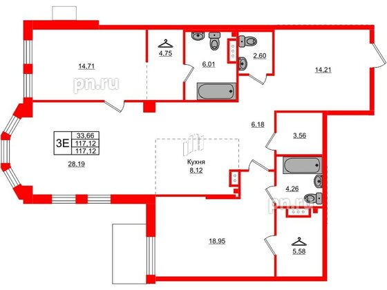 Квартира в ЖК АМО, 2 комнатная, 117.12 м², 2 этаж