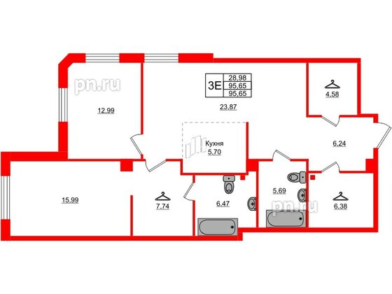 Квартира в ЖК АМО, 2 комнатная, 95.65 м², 1 этаж