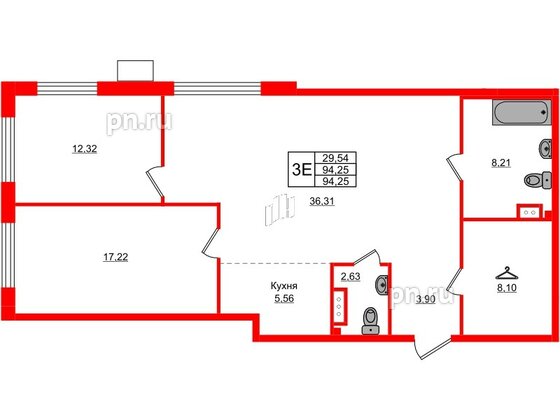 Квартира в ЖК AMO, 2 комнатная, 94.25 м², 5 этаж