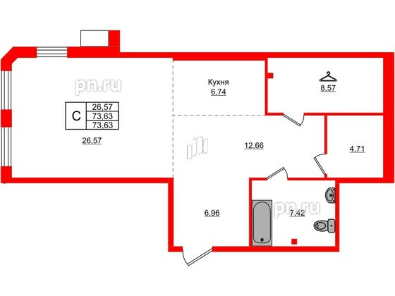 Квартира в ЖК АМО, студия, 73.63 м², 1 этаж