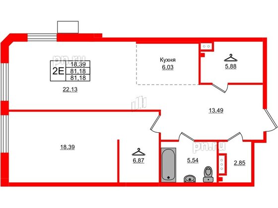 Квартира в ЖК АМО, 1 комнатная, 81.18 м², 6 этаж