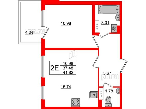 Квартира в ЖК «Новое Сертолово», 1 комнатная, 37.48 м², 2 этаж