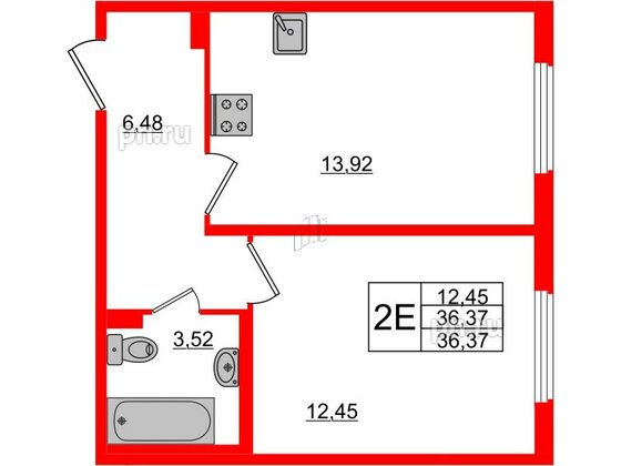 Квартира в ЖК «Новое Сертолово», 1 комнатная, 36.37 м², 1 этаж