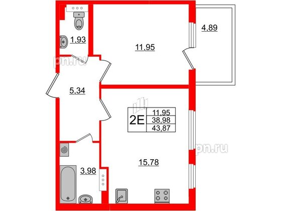 Квартира в ЖК «Новое Сертолово», 1 комнатная, 38.98 м², 2 этаж