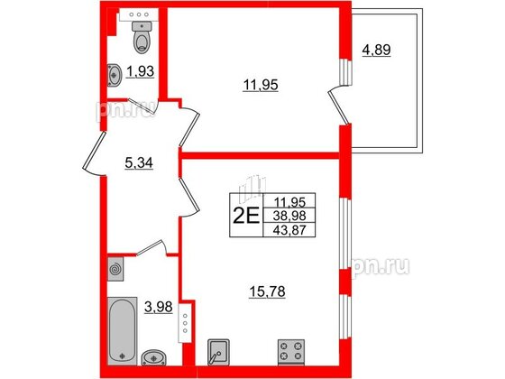 Квартира в ЖК «Новое Сертолово», 1 комнатная, 38.98 м², 5 этаж