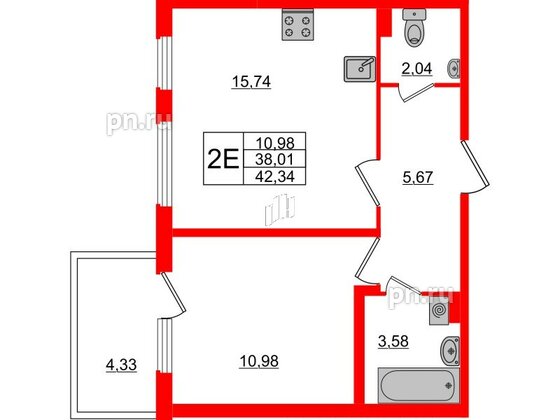 Квартира в ЖК «Новое Сертолово», 1 комнатная, 38.01 м², 1 этаж