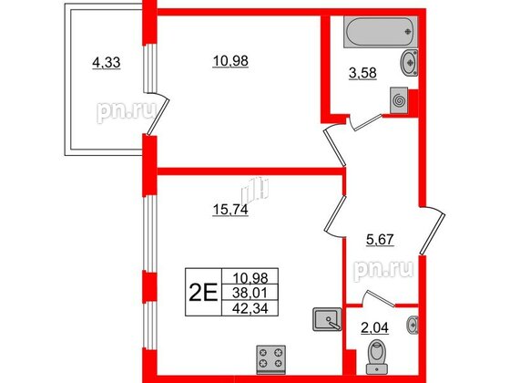 Квартира в ЖК «Новое Сертолово», 1 комнатная, 38.01 м², 1 этаж