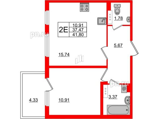 Квартира в ЖК «Новое Сертолово», 1 комнатная, 37.47 м², 3 этаж