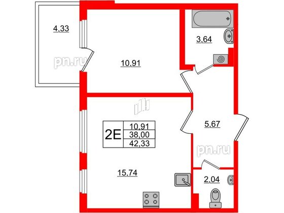 Квартира в ЖК «Новое Сертолово», 1 комнатная, 38 м², 2 этаж