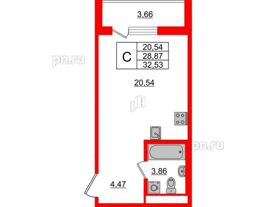 Квартира в ЖК ЦДС Новые горизонты-2, студия, 28.87 м², 6 этаж